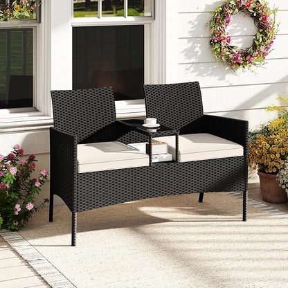 HAPPYGRILL Outdoor Rattan Loveseat, 2-Seat Patio Conversation Set with Built-in Coffee Table, Cushions, Wicker Bench Furniture for Backyard, Garden, Balcony, Porch (Beige)