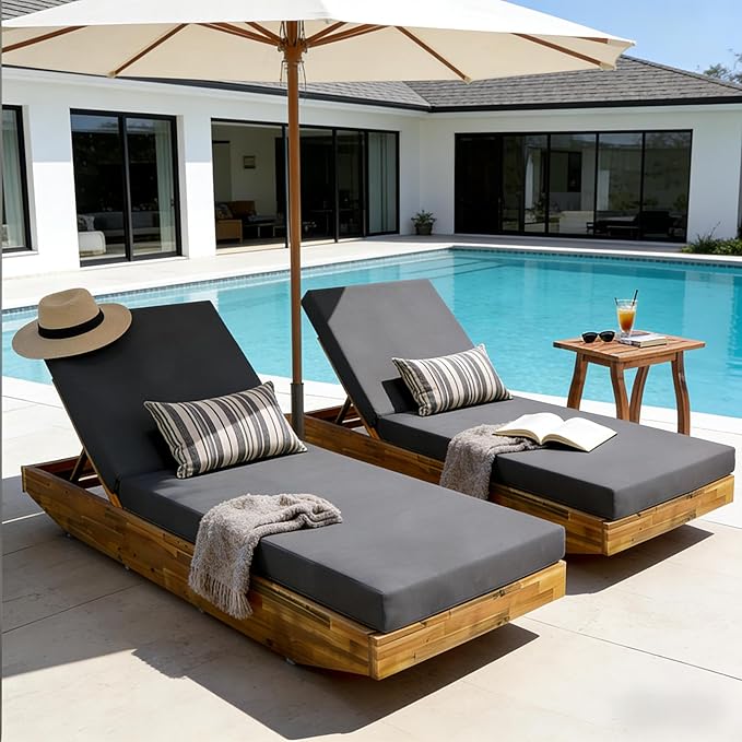 Acacia Wood Chaise Lounge with Cushion - Teak Finish Outdoor Recliner with Dark Gray Water-Repellent Cushion, 79.6" L x 29" W, 300 lbs