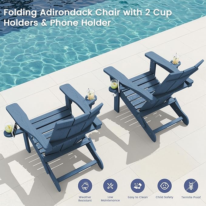 SERWALL Modern Folding Adirondack Chair, All Weather Resistant Outdoor Adirondack Chair with Dual Cup Holders - Photo 4