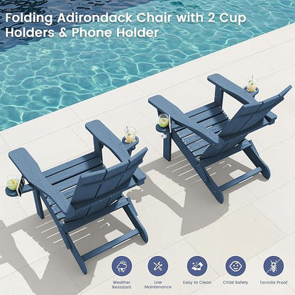 SERWALL Modern Folding Adirondack Chair, All Weather Resistant Outdoor Adirondack Chair with Dual Cup Holders, HDPE Fire Pit Chair for Patio Lawn Garden, Blue