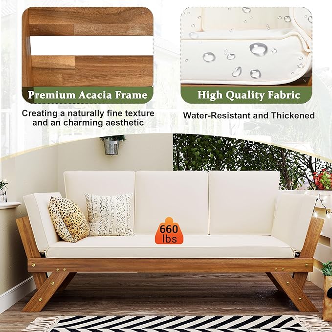 Merax Patio Sofa, Outdoor Adjustable Wooden Daybed, Chaise Lounge with Cushions, Natural+Beige - Photo 4