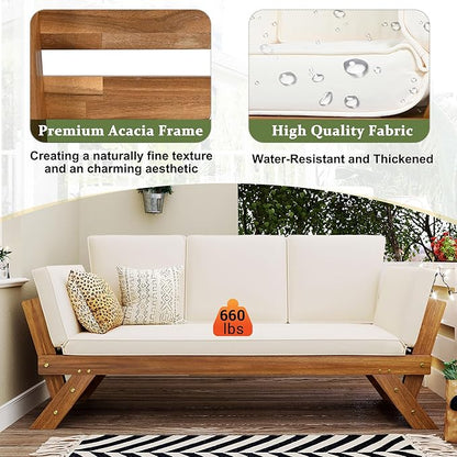 Merax Patio Sofa, Outdoor Adjustable Wooden Daybed, Chaise Lounge with Cushions, Natural+Beige