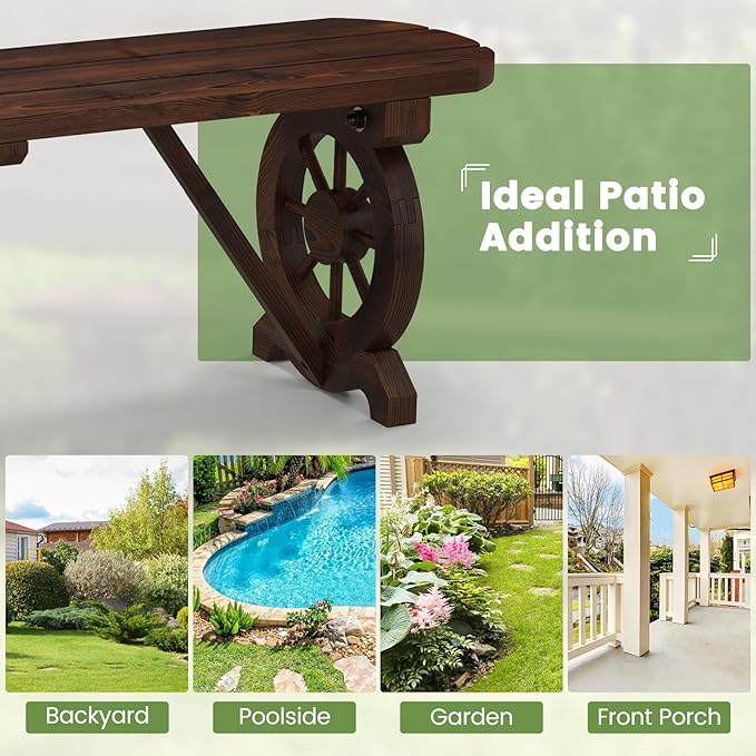 Tangkula Patio Rustic Wood Bench, Carbonized Wood Long Bench with Wagon Wheel Base, Slatted Seat Design, 2-Seat Dining Bench for Garden, Backyard, Porch, 710 LBS Max Load