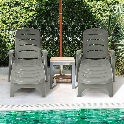 LDAILY Moccha Plastic Folding Lounge Chair, 5-Position Adjustable Chaise Lounge with 2 Rolling Wheels, Armrest, Outdoor Chaise Chair for Patio, Beach, Backyard, Poolside, Home (1, Grey)