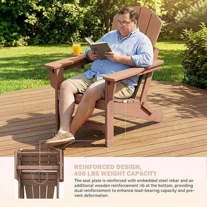 Mdeam 3-Position Adjustable Adirondack Chairs Set of 2, 400LBS Capacity, Cup Holder, Wooden Textured, All-Weather HDPE Folding Fire Pit Outdoor Chairs for Poolside Deck Patio Garden Yard Lawn - Teak