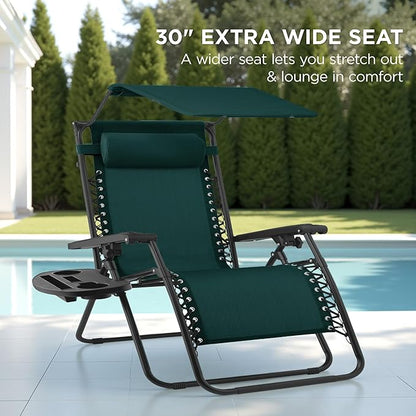 Best Choice Products 30” Wide Folding Zero Gravity Outdoor Recliner Patio Lounge Chair w/Adjustable Canopy Shade, Headrest, Side Accessory Tray - Forest Green