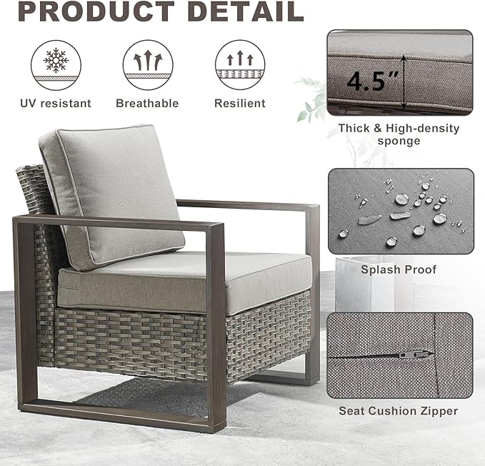 Outdoor Wicker Patio Furniture Set - 6 Piece Patio Conversation Set with 2 Wicker Armrest Chairs,2 Rattan Ottoman,1 Side Table and 1 Couch,Sturdy Frame,Thick Cushions,Deep Seating(Mixed Grey/Grey)