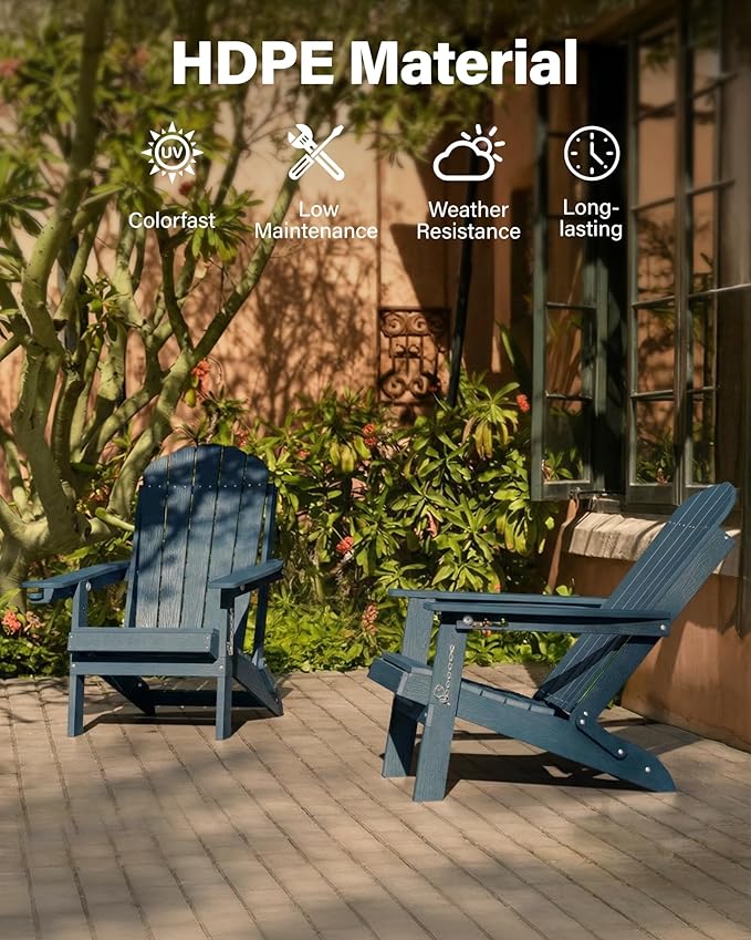 YEFU Adirondack Chairs Set of 6 for Patio: Folding Plastic Fire Pit Chair with Cup Holders & Adjustable Backrest - Sturdy All-Weather HDPE for Outdoor Pool Lawn - Easy Assembly(Navy Blue)