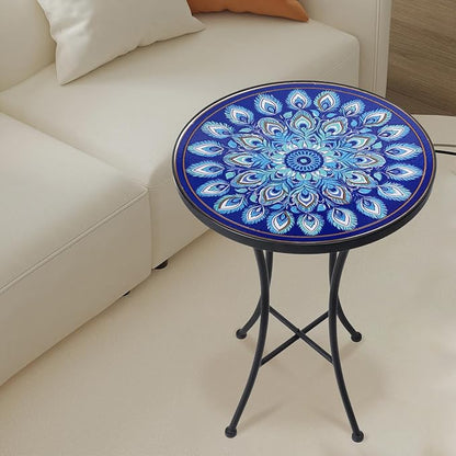 Vipush Mosaic Outdoor Side Table, 14" Round Folding Plant Stand for Patio Garden Backyard Balcony Porch Indoor Accent End Table for Living Room, Ceramic Tabletop with Black Iron, Blue Feather