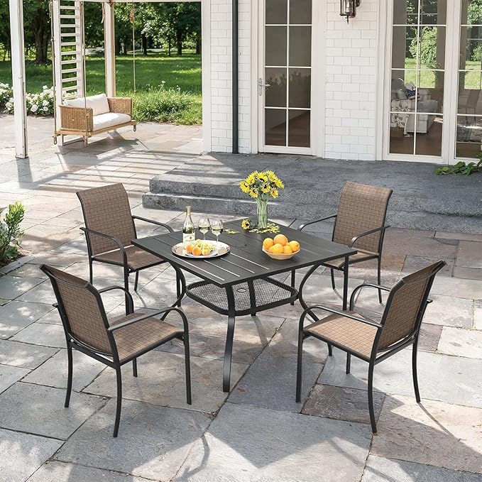 VICLLAX Outdoor Patio Dining Table for 4, Square Metal Table with Umbrella Hole and Storage Shelf for Garden, Lawn, Balcony, Deck, Black