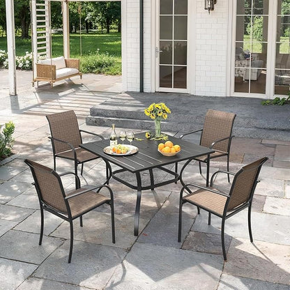 VICLLAX Outdoor Patio Dining Table for 4, Square Metal Table with Umbrella Hole and Storage Shelf for Garden, Lawn, Balcony, Deck, Black