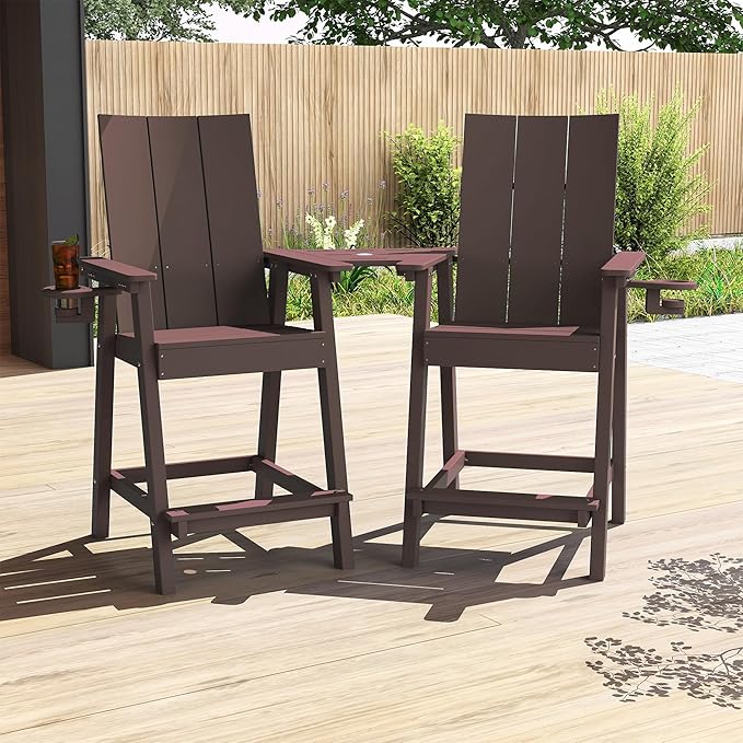 Tall Adirondack Chair Set of 2, HDPE Balcony Chairs with Connecting Tray, Two Cup Holders, All-Weather Adirondack Bar Stools for Patio, Balcony, Backyard, Poolside, Coffee