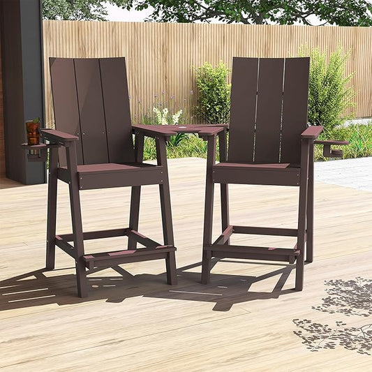 Tall Adirondack Chair Set of 2, HDPE Balcony Chairs with Connecting Tray, Two Cup Holders, All-Weather Adirondack Bar Stools for Patio, Balcony, Backyard, Poolside, Coffee