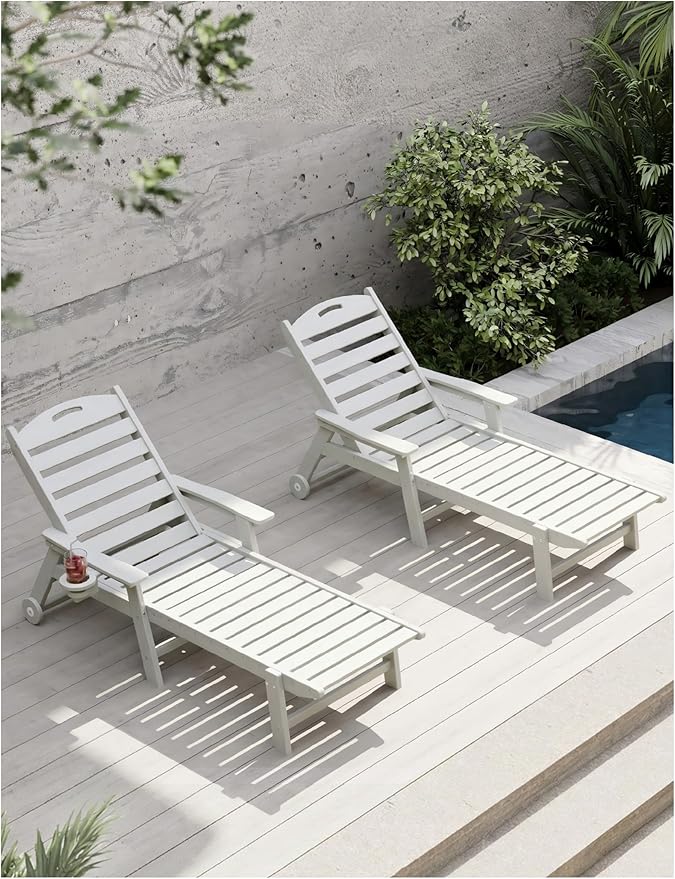 Patio Chaise Lounge Chair Set of 2, HDPE Outdoor Lounge Chairs with 5-Position Adjustable Backrest, Cup Holder and Wheels, 450lbs Capacity for Poolside Deck Backyard, All Weather Material(White)