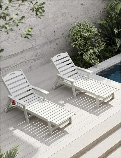 Patio Chaise Lounge Chair Set of 2, HDPE Outdoor Lounge Chairs with 5-Position Adjustable Backrest, Cup Holder and Wheels, 450lbs Capacity for Poolside Deck Backyard, All Weather Material(White)
