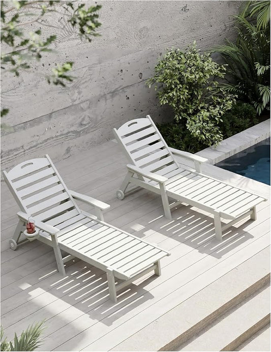 Patio Chaise Lounge Chair Set of 2, HDPE Outdoor Lounge Chairs with 5-Position Adjustable Backrest, Cup Holder and Wheels, 450lbs Capacity for Poolside Deck Backyard, All Weather Material(White)