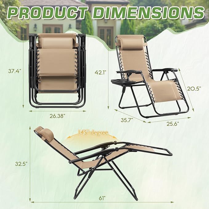 Devoko Set of 2 Zero Gravity Lounge Chairs, Outdoor Folding Adjustable Steel Mesh Recliner Chairs with Cup Holder & Removable Pillow for Patio Garden Lawn Beach (Beige)