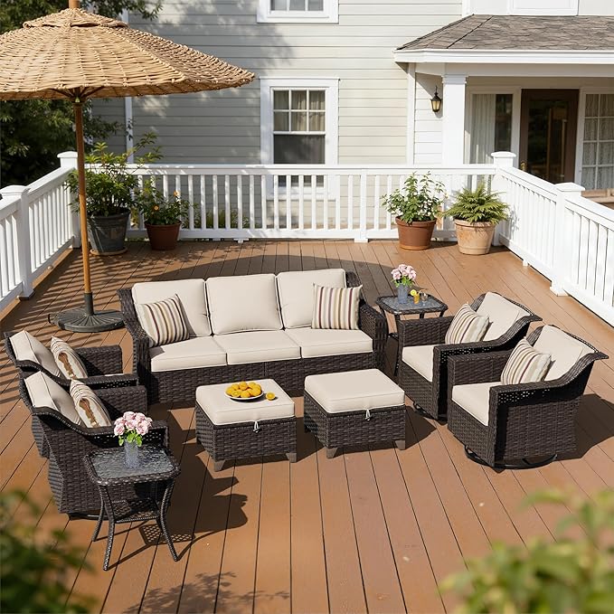 9 Pieces Patio Conversation Furniture Set - 1 Sofa, 2 Ottomans, 4 Swivel Chairs, 2 Side Tables, Outdoor Wicker Furniture with Removable Cushionsfor Porch, Balcony, Sunroom (Beige)