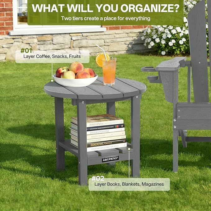 Outdoor Side Table Round - Patio Side Tables - HDPE Small Outdoor End Table for Backyard Pool Porch Balcony - Double Layer Storage - Dark Gray (Wood Grain Finish)