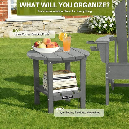 Outdoor Side Table Round - Patio Side Tables - HDPE Small Outdoor End Table for Backyard Pool Porch Balcony - Double Layer Storage - Dark Gray (Wood Grain Finish)