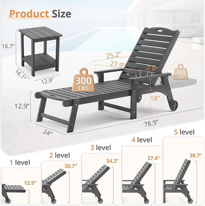 LUE BONA HDPS Chaise Lounge Chair Set of 2, Outdoor Pool Lounge Chairs with Adjustable Backrest, Resin Patio Lounge Chairs with Wheels for Outside, Dark Gray