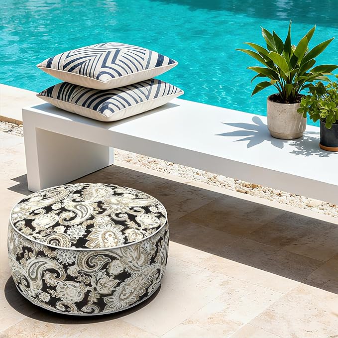 LVTXIII Indoor/Outdoor Inflatable Ottoman with Handle D21 x H9 Inch, Weather-Resistant Round Footstool Pouf for Patio Camping Living Room, Portable Footrest Extra Seating, Paisley Black