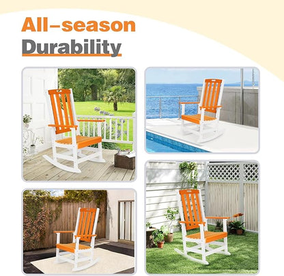 Aoodor Outdoor Rocking Chair, Ergonomic HDPE Rockers with All-Weather Design for Patio or Porch, Clashing Colors, Orange and White