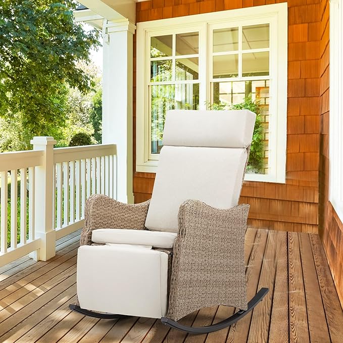 HOMREST Outdoor Recliner for Patio, Wicker Reclining Patio Chair with 150°Adjustable Back, Porch Recliner with Extended Footrest & Removable Cushion for Garden, Light Grey