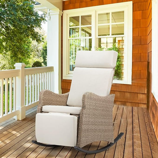 HOMREST Outdoor Recliner for Patio, Wicker Reclining Patio Chair with 150°Adjustable Back, Porch Recliner with Extended Footrest & Removable Cushion for Garden, Light Grey