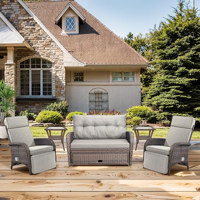 Belord Patio Furniture Set - 6-Piece Wicker Loveseat Outdoor Daybed Furniture Set with Recliner Lounge Chairs Set of 2 and Side Table, All-Weather Outdoor Patio Conversation Set for Deck Pool Backyard