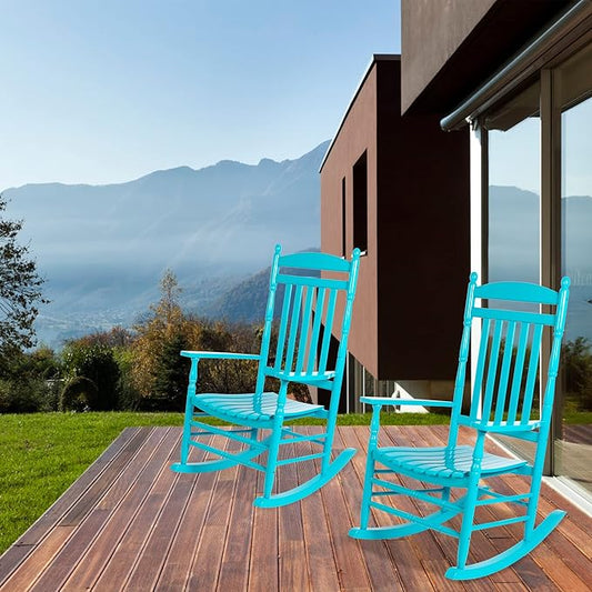 Outdoor Rocking Chairs Set of 2 Rocking Camping Chair Patio Rocker Poly Wooden Extensive Large High Back 350lbs Weather Proof Lawn Chair Arm for Porch Yard Balcony Indoor Outdoor Blue