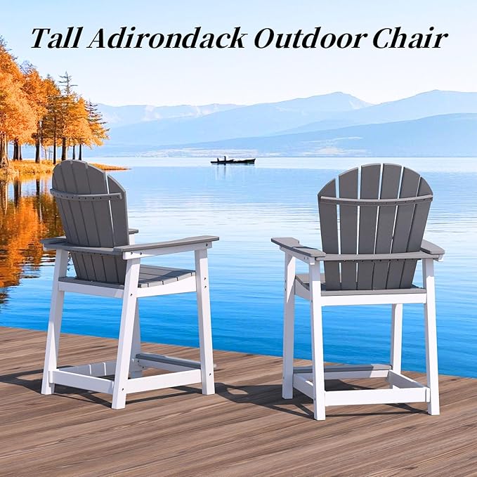 Outdoor Tall Adirondack Chair, HDPE Weather Resistant Outdoor Chair for Garden, Perfect for High Top Table & Chairs on Your Balcony, Capacity 400LBS, Grey