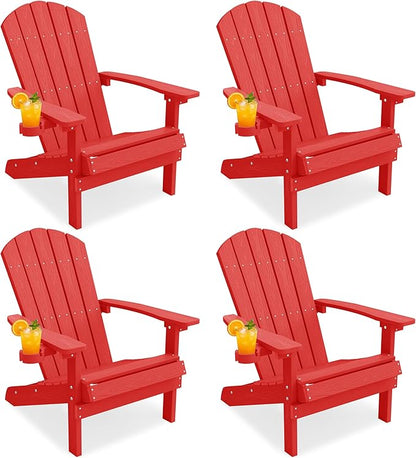 YEFU Adirondack Chairs Set of 4: Outdoor Chair HIPS Plastic Adirondack Chairs - Patio Chairs with Wood Texture - Lawn Fire Pit Deck Porch Garden Chairs for Adults (Red)