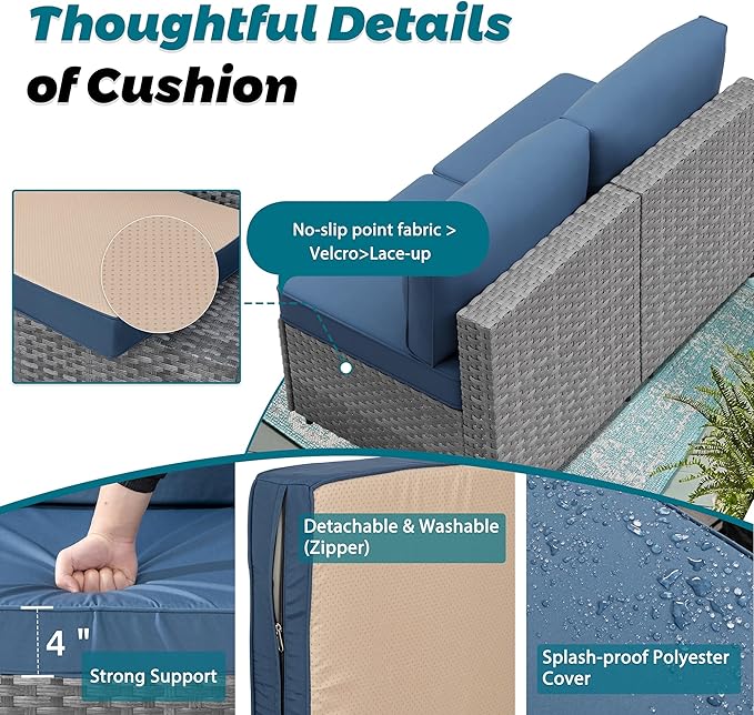 SUNLEI 7pcs Patio Conversation Sets Outdoor Furniture Sets, High Back All-Weather Rattan Sectional Sofa with Tea Table&Washable Couch Cushions(Silver Rattan) (Aegean Blue)