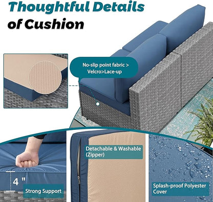 SUNLEI 7pcs Patio Conversation Sets Outdoor Furniture Sets, High Back All-Weather Rattan Sectional Sofa with Tea Table&Washable Couch Cushions(Silver Rattan) (Aegean Blue)