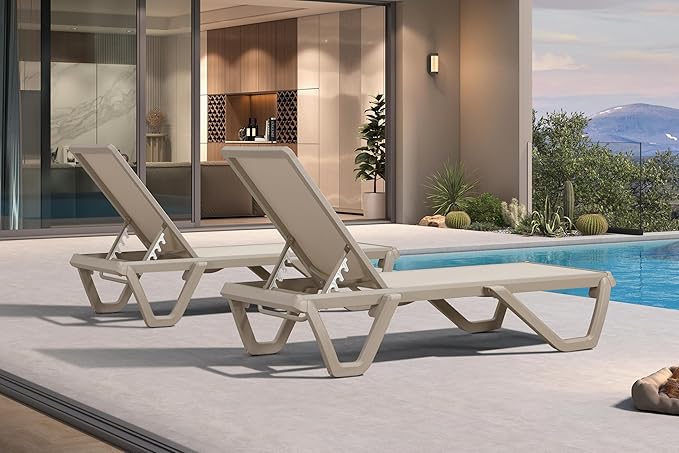 PURPLE LEAF Outdoor Chaise Lounge Chair Set of 2 Pool Lounge Chair with Champagne Aluminum Plastic Stackable Patio Lounge Chair for Poolside Sunbathing Beach Deck Yard, Beige
