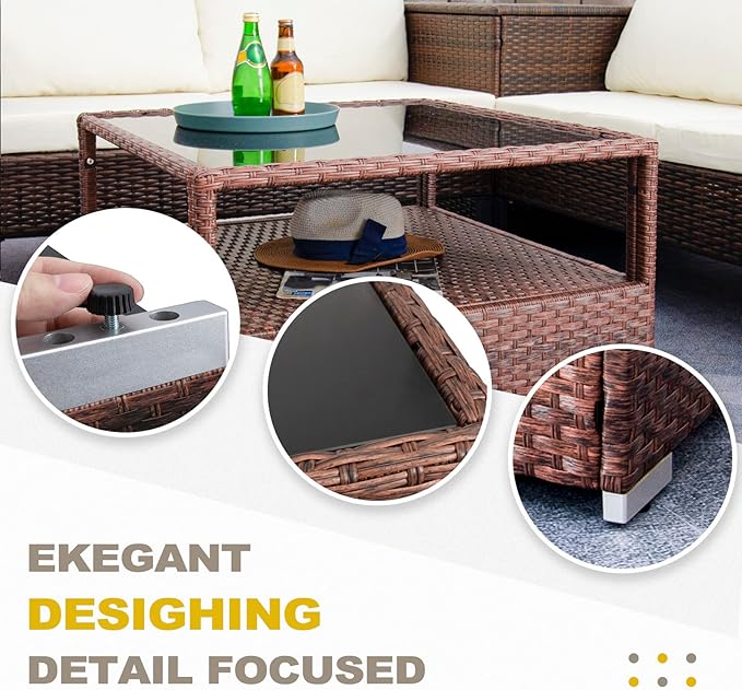 DIMAR GARDEN Outdoor Coffee Table Wicker Patio Rattan Side Table with Glass Top and Storage Shelf,29.5in Mixed Brown