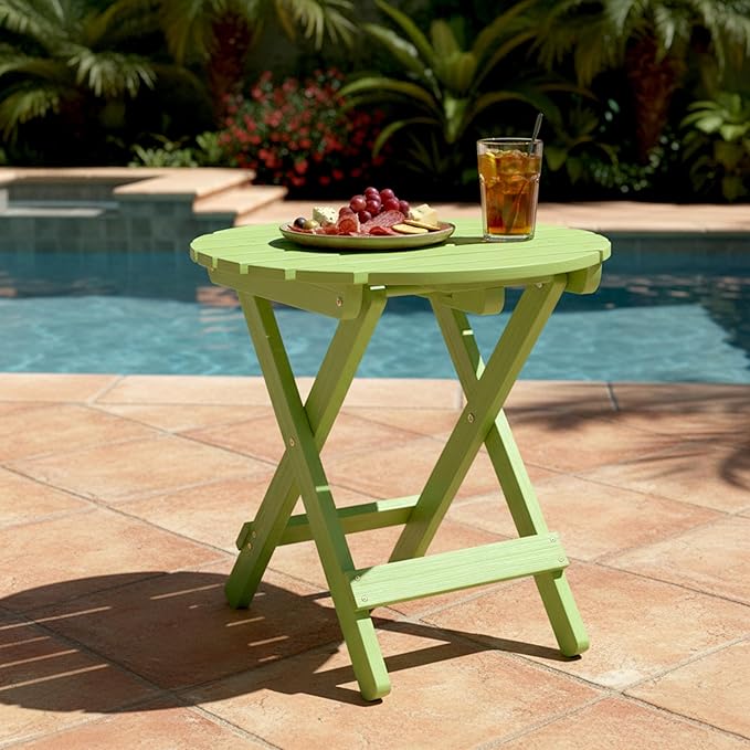 Shine Company Round Wooden Folding Solid Wood Side Table, Outdoor Adirondack Small Patio Table, Lime Green