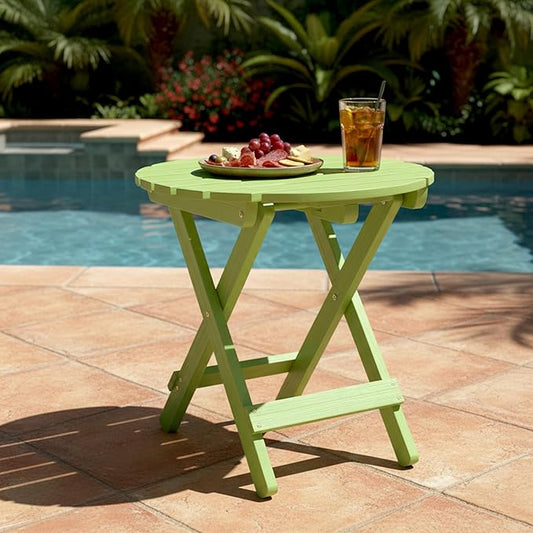 Shine Company Round Wooden Folding Solid Wood Side Table, Outdoor Adirondack Small Patio Table, Lime Green