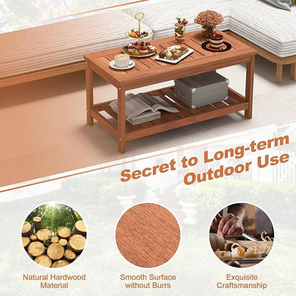 Giantex Hardwood Patio Coffee Table - 2-Tier Wooden Coffee Table with Slatted Tabletop & Storage Shelf, Outdoor Rectangular Center Table for Backyard, Garden, Poolside, Balcony & Indoor, Walnut