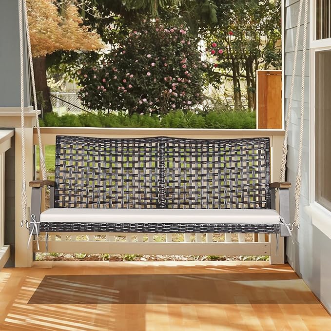 RELAX4LIFE 2-Seater Outdoor Porch Swing - PE Wicker Porch Loveseat Swing with 118” Hanging Ropes - Photo 9