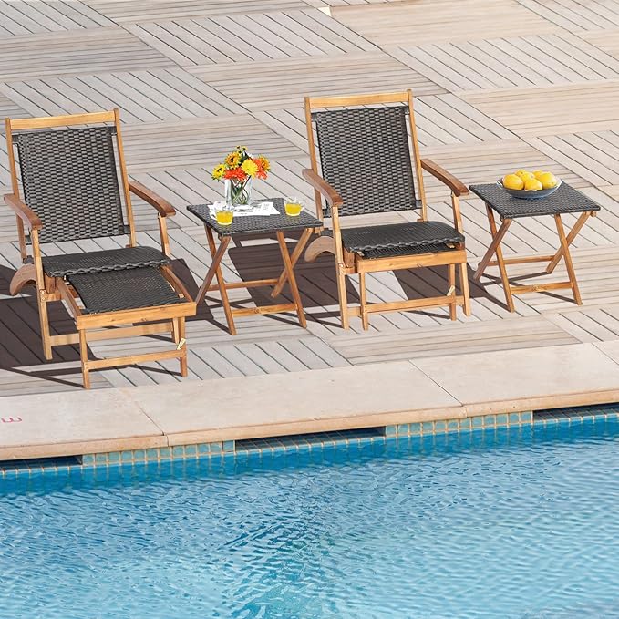 RELAX4LIFE Patio Lounge Chair Set - Outdoor Acacia Wood Chaise Lounge w/Side Table, Armrest & Retractable Ottoman, Rattan Seat, Tabletop, Quick Folding Sunbathing Chair for Backyard, Poolside (1)