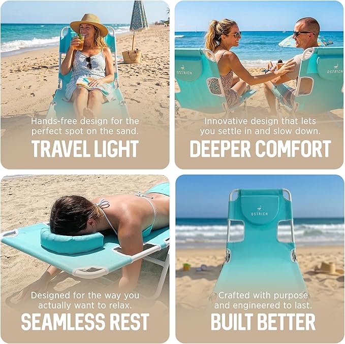Ostrich the Original Chaise 72 x 22 Inch Lounge Portable Reclining Lounger, Outdoor Patio, Beach, Lawn, Camping, or Pool Tanning Chair, Aqua