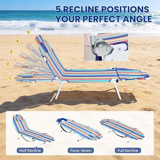 LILYPELLE Folding Chaise Lounge Chair with Mattress, 5 Position Beach Chair with Face Hole, Patio Chaise Lounge Chairs for Outside, Sunbathing, Camping, Pool, Beach, Poolside