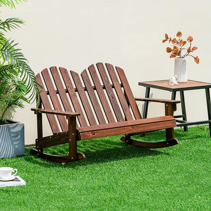 Giantex 2-Person Adirondack Rocking Chair - Kids Outdoor Rocking Bench with Slatted Seat, High Backrest, 220LBS Weight Capacity, Kids Patio Rocker for Balcony, Yard, Poolside (1, Coffee)
