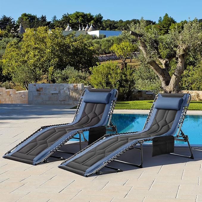 Flamaker Folding Chaise Lounge Outdoor Portable Lounge Chairs 4-Position Adjustable Camping Lounge Chair with Pillow & - Photo 2