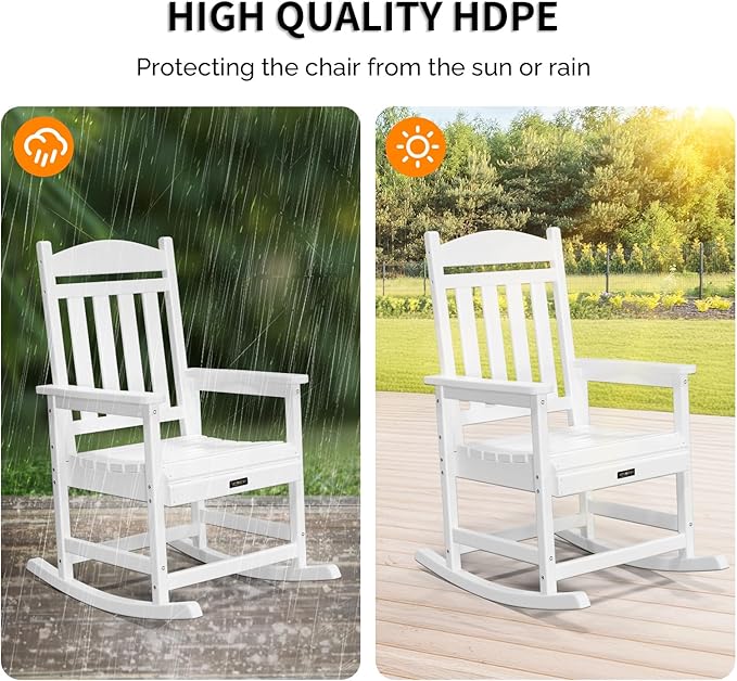 VINGLI Outdoor Rocking Chair, HDPE Rocking Chair with Higher Backrest, Patio Rocker with Ergonomic Design, All Weather Rocking Bench for Garden, Yard, Balcony, White