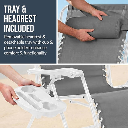 Best Choice Products Set of 2 Extra Wide Adjustable Steel Mesh Zero Gravity Lounge Chair Recliners w/Pillows and Cup Holder Trays - Ice Gray/White