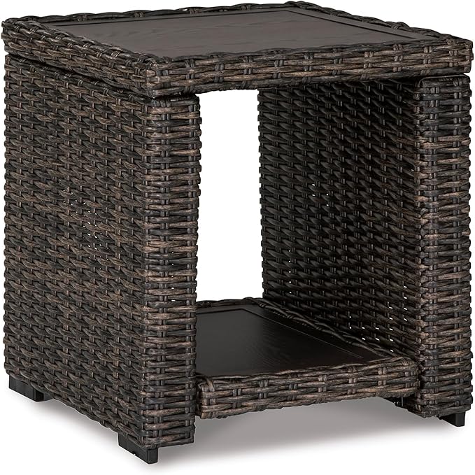 BOWERY HILL Square Patio End Table, 22.25 in H x 19.75 in W x 20 in D, All-Weather Resin Wicker with Rust-Proof Aluminum Frame, Brown Finish, Outdoor Table for Patio or Garden Use