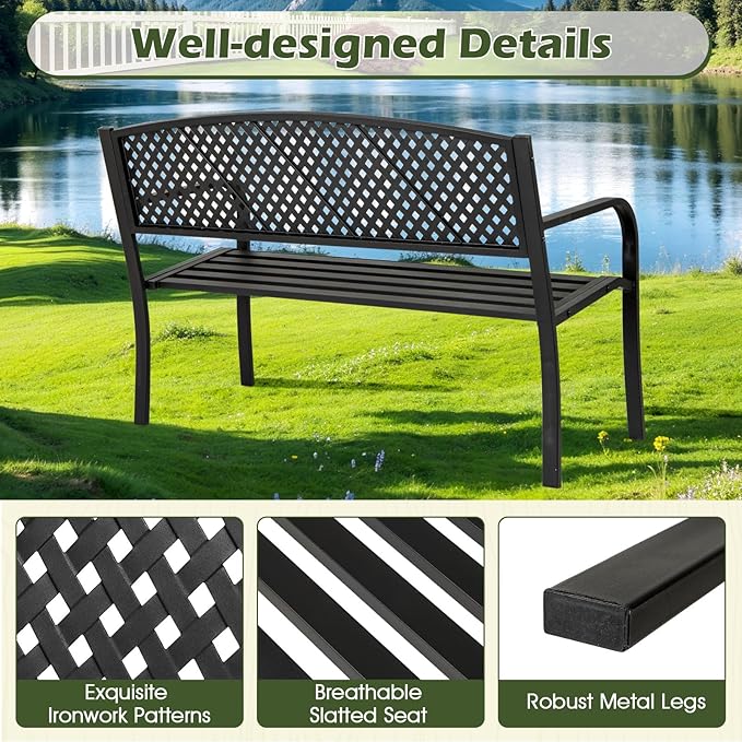 Giantex Metal Outdoor Bench with Mesh Pattern Backrest, Curved Armrests, Load 660Lbs, Slatted Seat for 2-3 Persons, Heavy-Duty Garden Bench for Patio, Backyard, Poolside, Porch, Park (50"×24"×33.5")